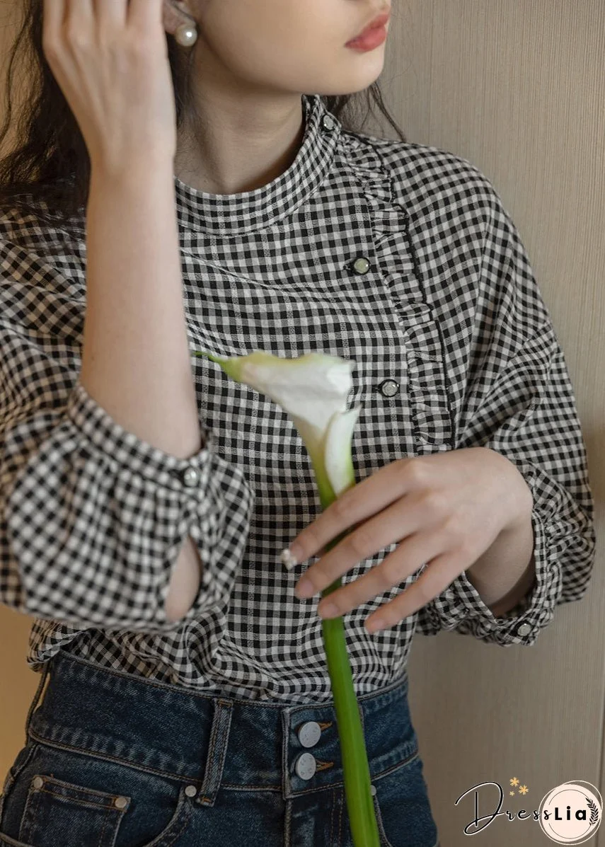 French Plaid Stand Collar Ruffled Cotton Shirt Long Sleeve