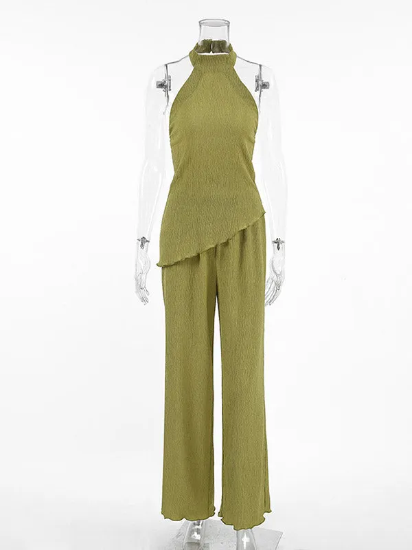 Solid Color Pleated Sleeveless Asymmetric High Neck Vest + Wide Leg Pants Two Pieces Set