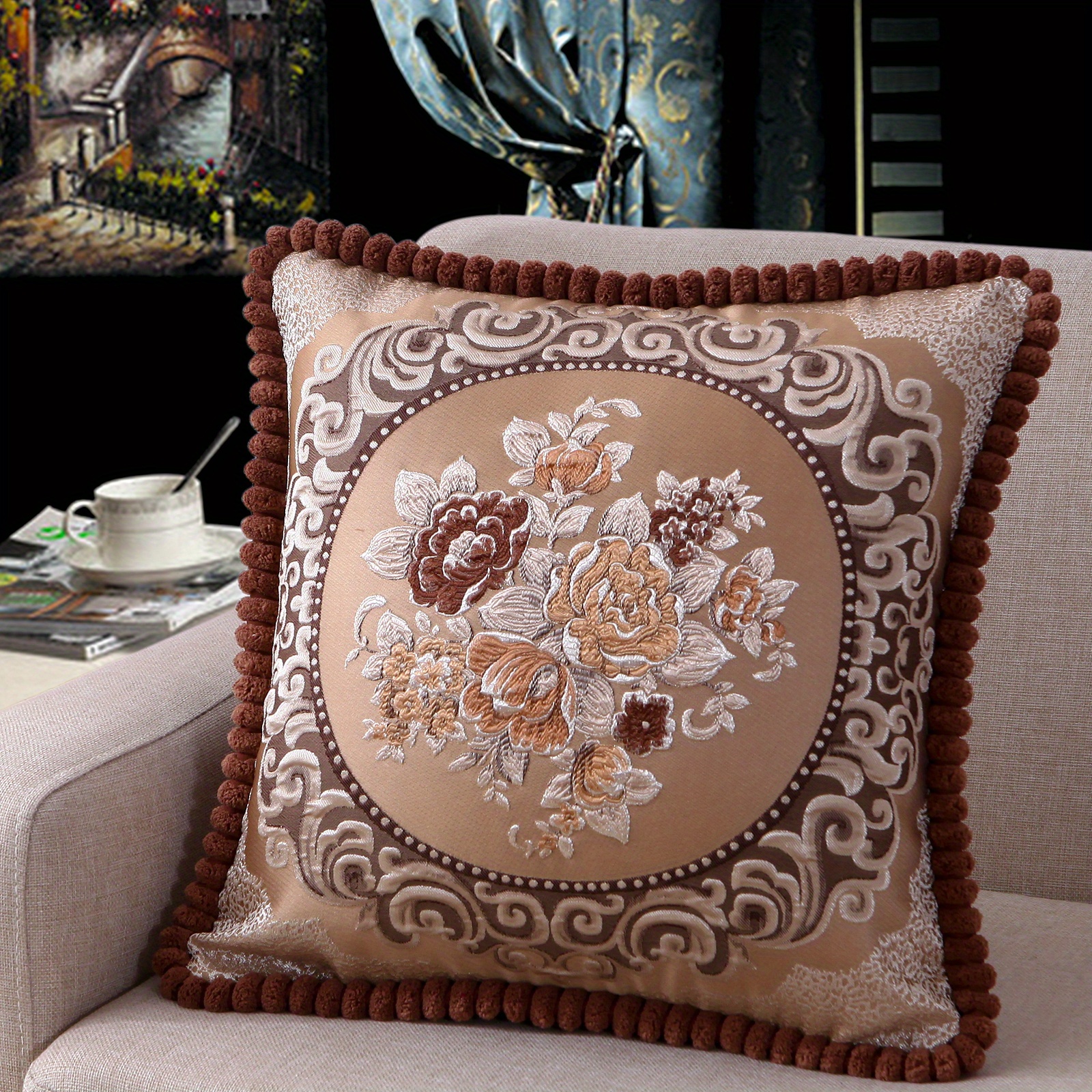 1pc Luxurious Rose Floral Chenille Embroidered Pillow Cover - Soft, Cozy & Stylish Cushion Case for a Vibrant Living Room, Bedroom & Party Decor - Attractive 19x19 Inch Design