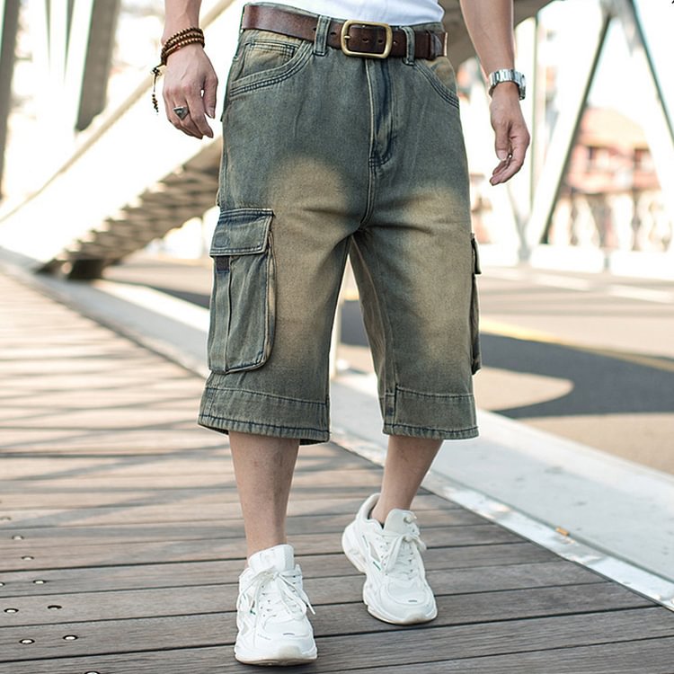 Vintage Wide-Leg Denim Velcro Pockets Rolled Cropped Pants