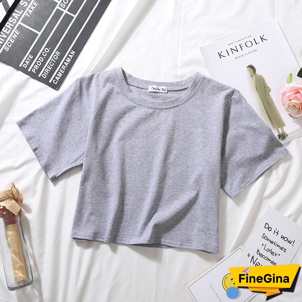 Summer Short Sleeve T Shirts Women Cotton Solid T-shirt O Neck High Waist Crop Top Tee Female Casual Loose T Shirt