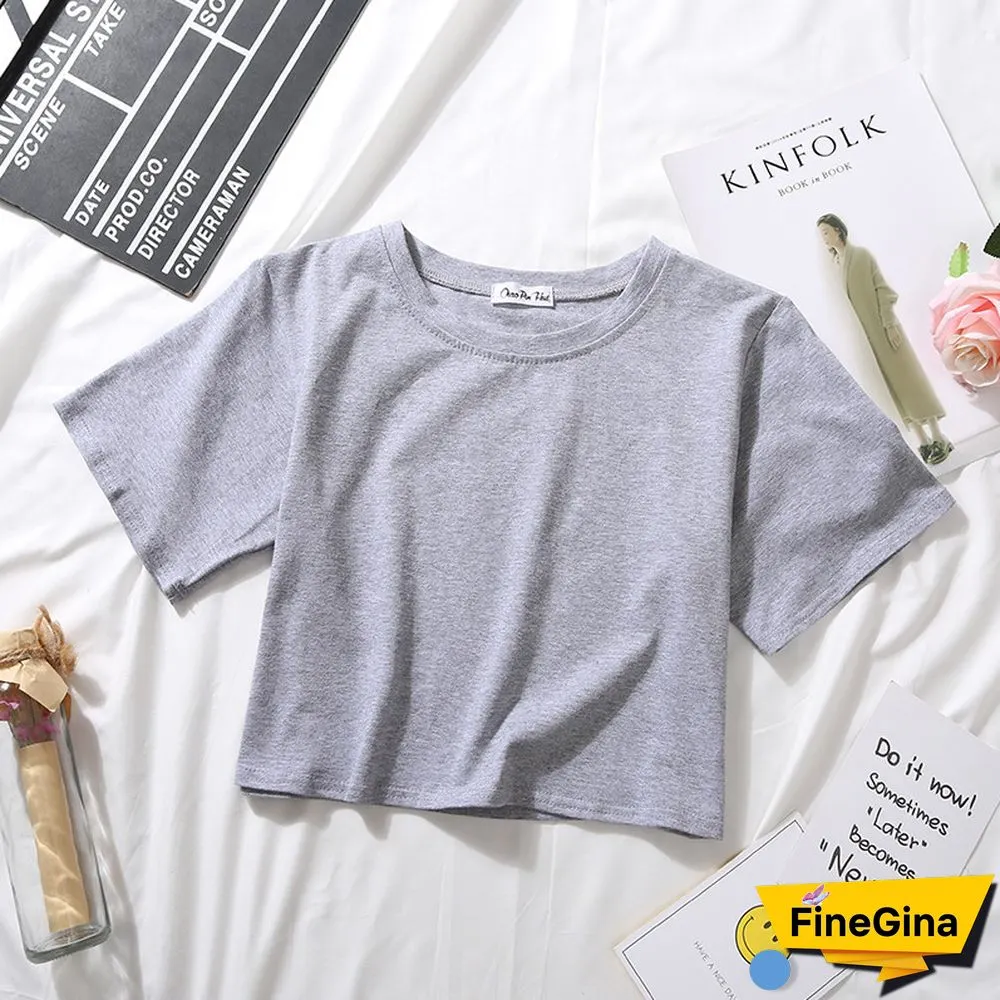 Summer Short Sleeve T Shirts Women Cotton Solid T-shirt O Neck High Waist Crop Top Tee Female Casual Loose T Shirt