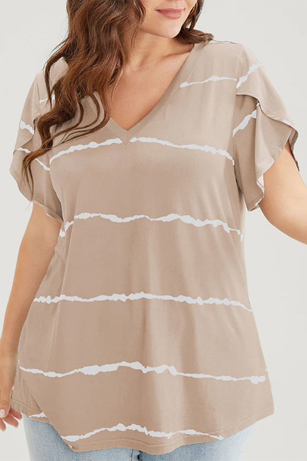 Plus Size Casual Dark Blue Striped Petal Sleeve Blouse 2024 - Flycurvy 
