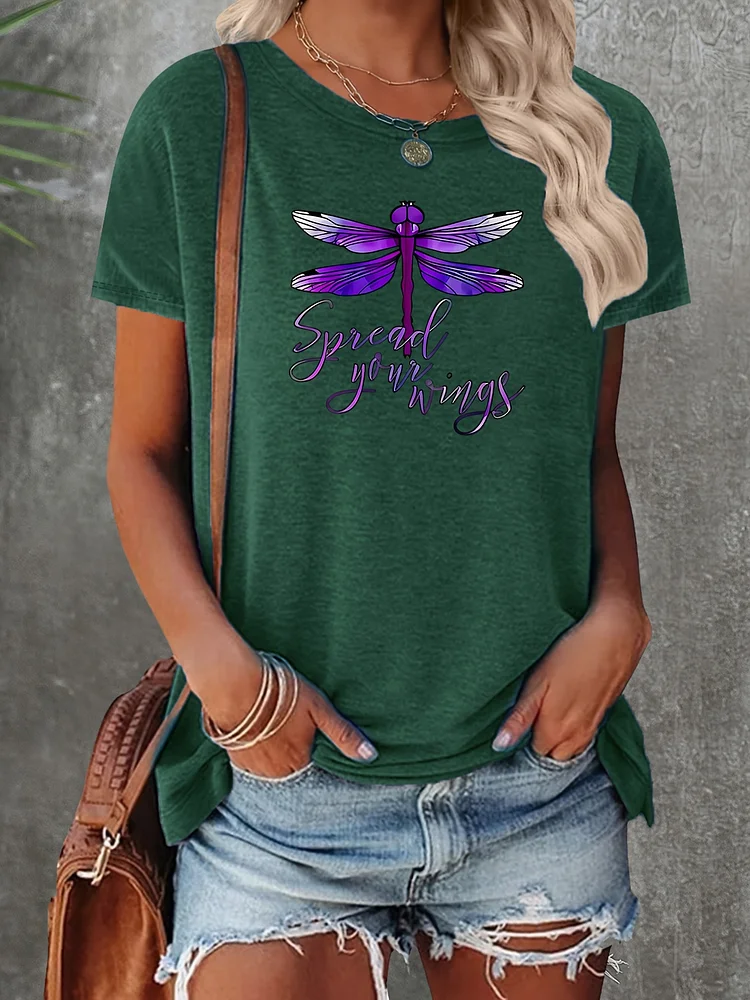 Women's Vintage Purple Dragonfly & "Special Moments" Graphic Short Sleeve T-Shirt - Soft Stretch Round Neck Casual Top For Spring Summer Fall, Machine Washable, Sizes S-Xxl, Seasonal Versatile Clothing, Artistic Print Shirt, Nontransparent Material