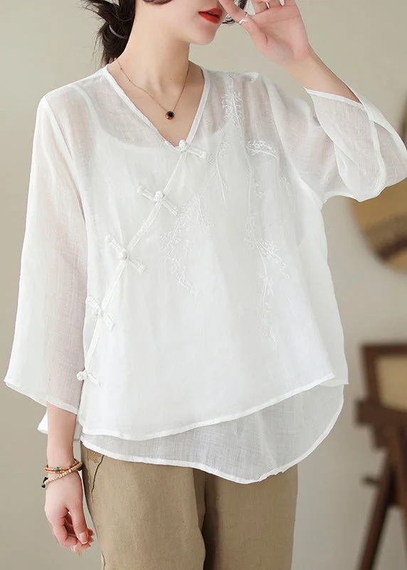 Art White Asymmetrical Embroideried Chinese Button Linen Shirt Tops Summer