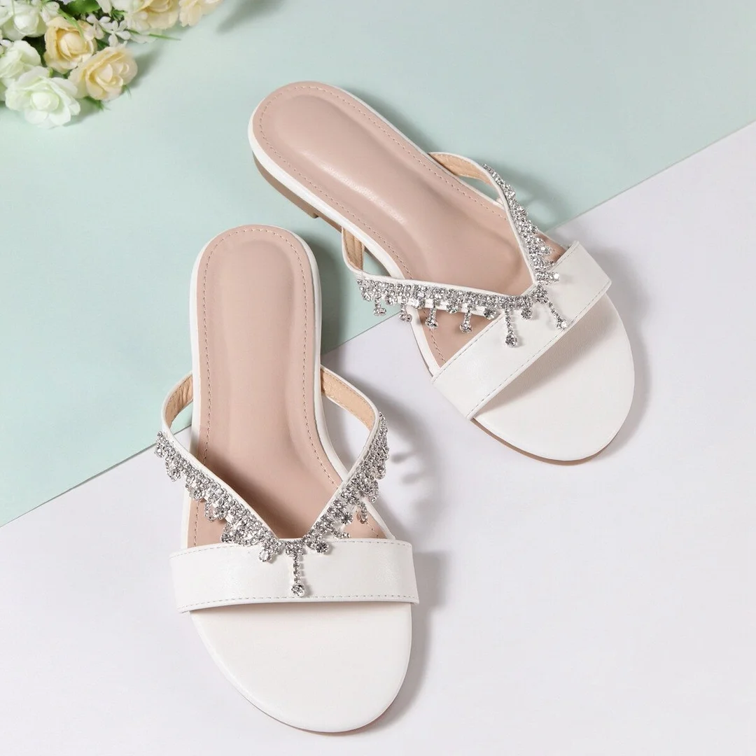 Qengg Women Sandals Fashion  Diamond Summer Shoes Woman Flat Pearl Comfortable String Bead Casual Flip Flops Outdoor White Sandals