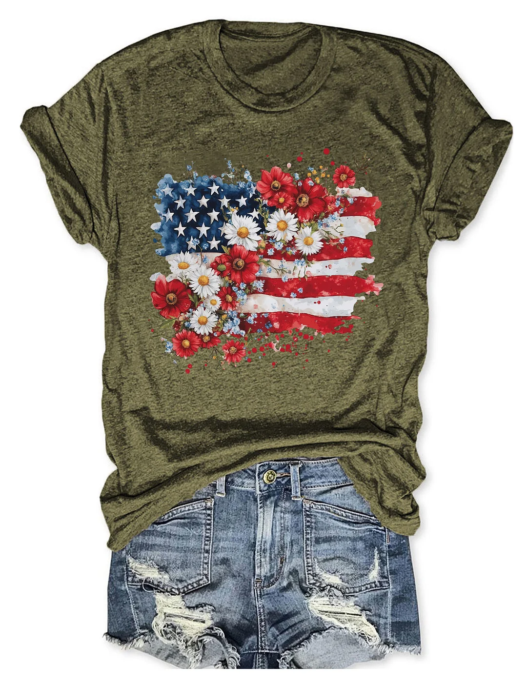 Floral American Flag 4th Of July T-shirt
