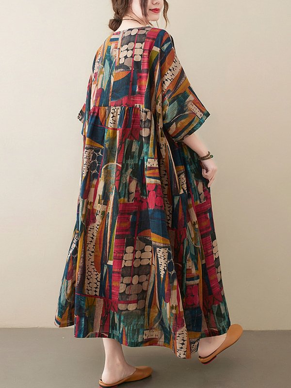 Vintage Loose Abstract Printed Pleated Round-Neck Half Sleeves Midi Dress