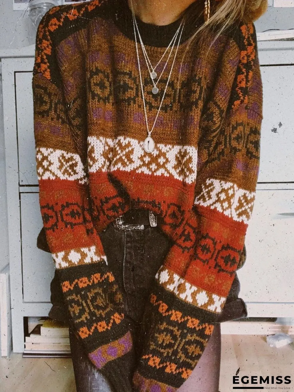 Boho Floral Knitted Shift Sweater | EGEMISS