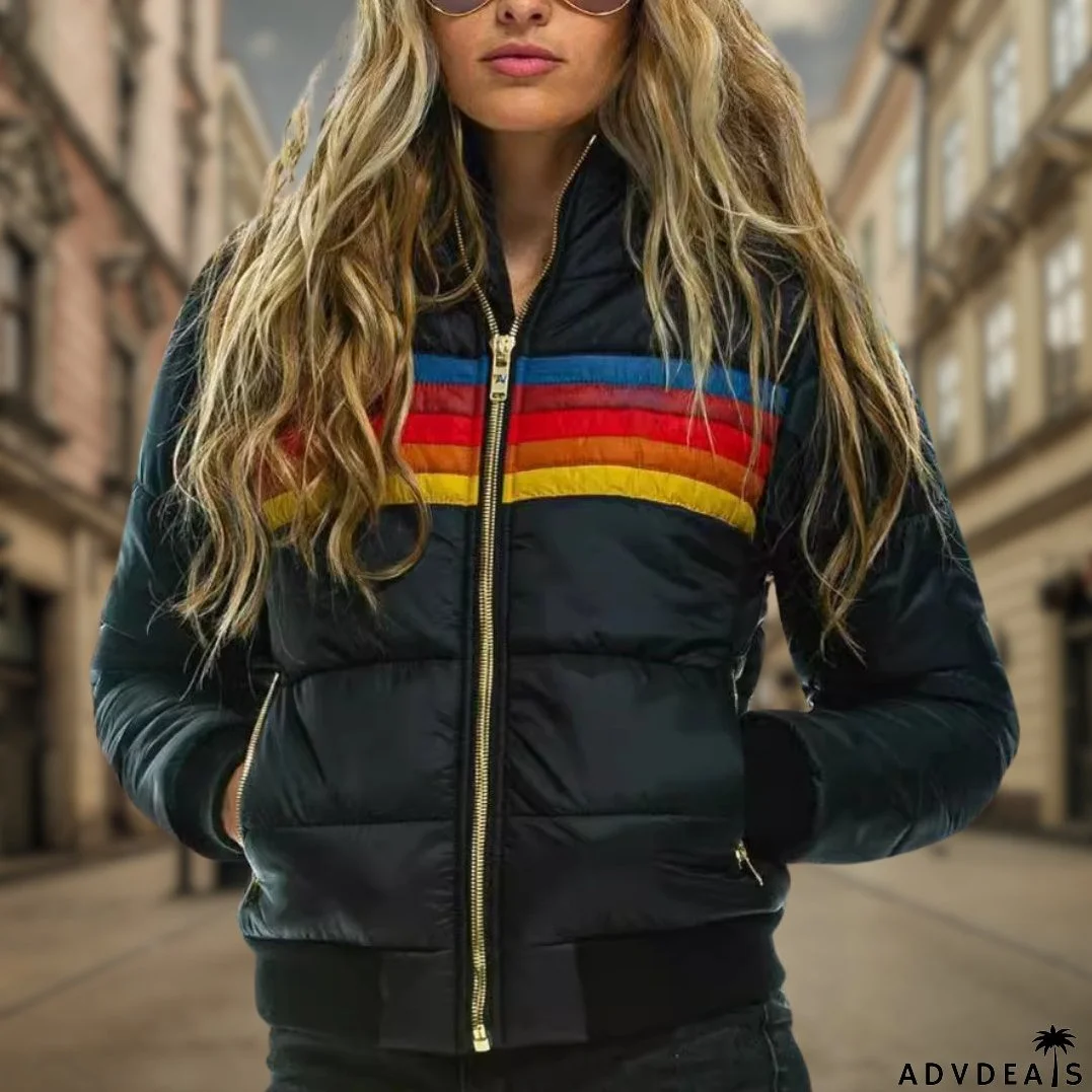 Retro quilted jacket with bold color accents and stripes