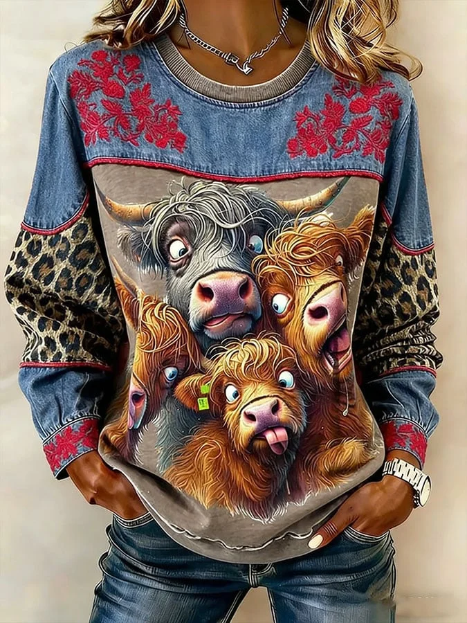 Women's Western Print Crew Neck Sweatshirt 