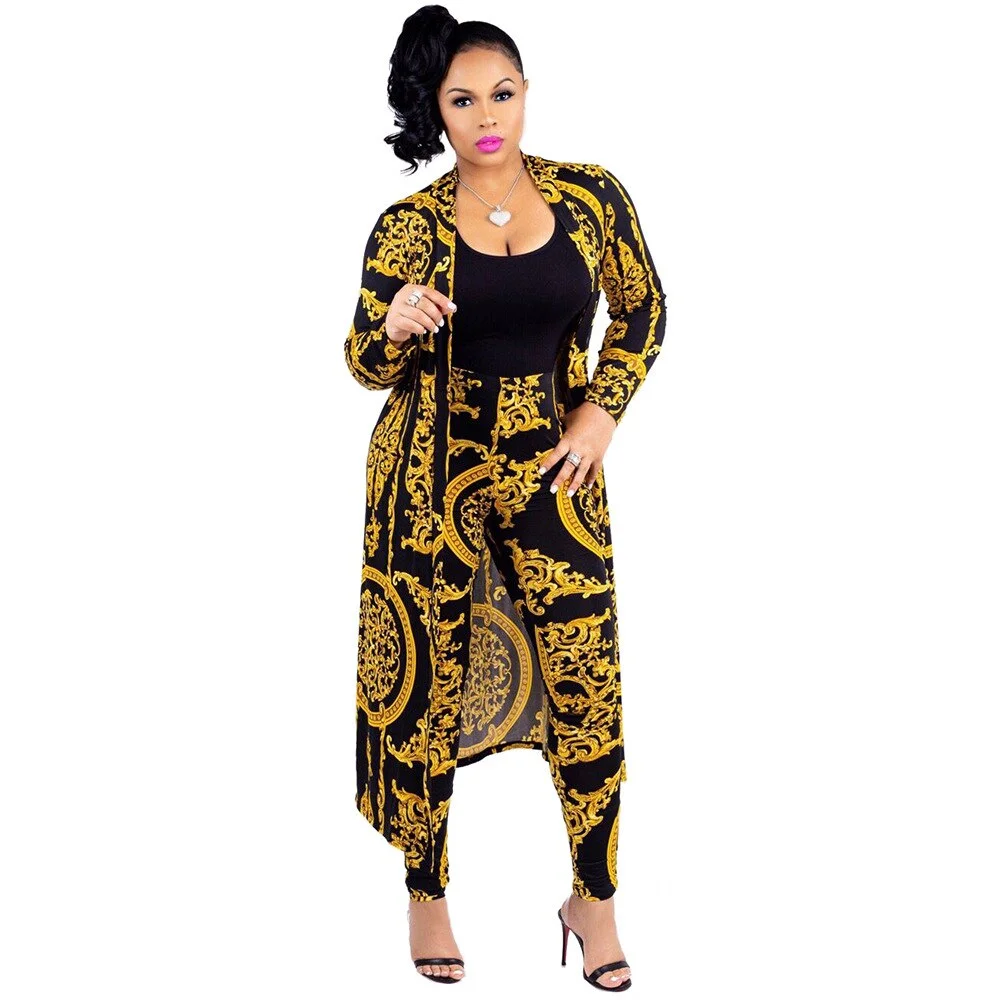 Women's tracksuit fashion sexy long sleeve X-long national print trench coat skinny leggings 2 piece sets suits outfits X9041