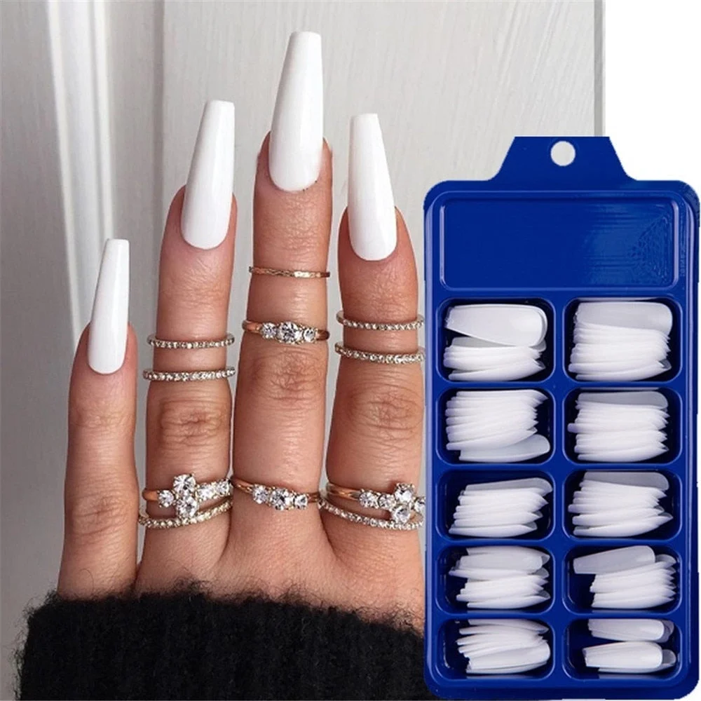 100Pcs Colorful Acrylic False Long Coffin Nails Fake Nails Flat Shape Art Tips Natural Full Cover Fake Nail Tips Manicure Tools-Nail Inspo