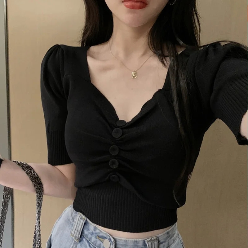 tlbang T-shirts Women Short Sleeve V-neck Sexy Slim Crop Tops Females Summer Elegant Casual Clothes Solid Chic Fashion Korean