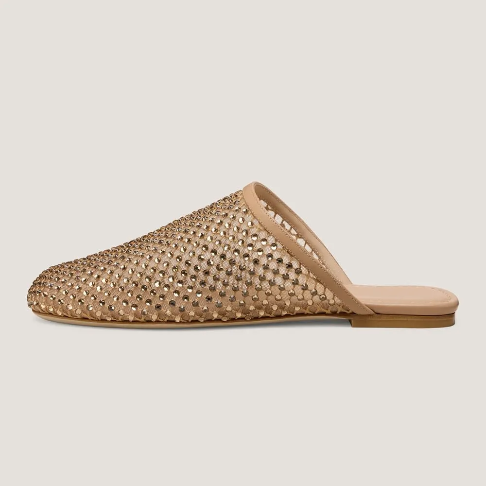 Gold Mesh Square Toe Slip On Rhinestone Flat Mules Shoes