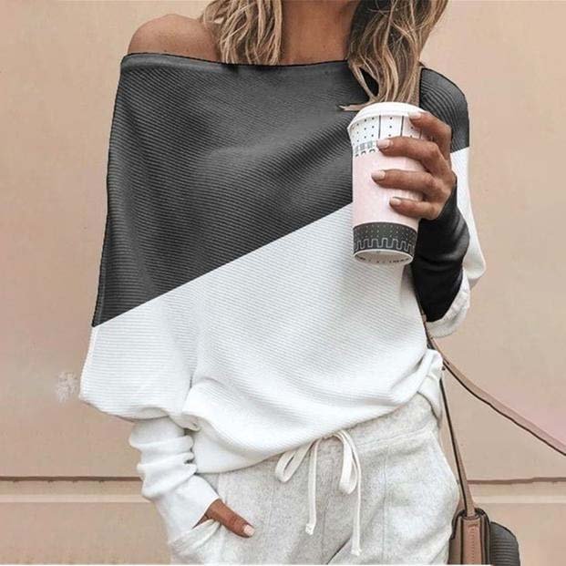 Color block diagonal shoulder sweater MusePointer