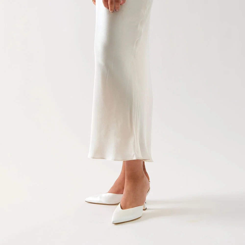 Elegant Ivory Satin Pointed Toe Flared Heel Mule Shoes for Women