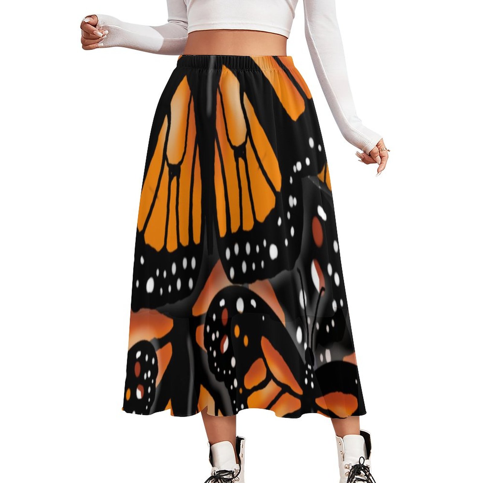 Monarch Butterfly Large By Slipperywindow Double-Layered High Waist Midi Chiffon Skirt