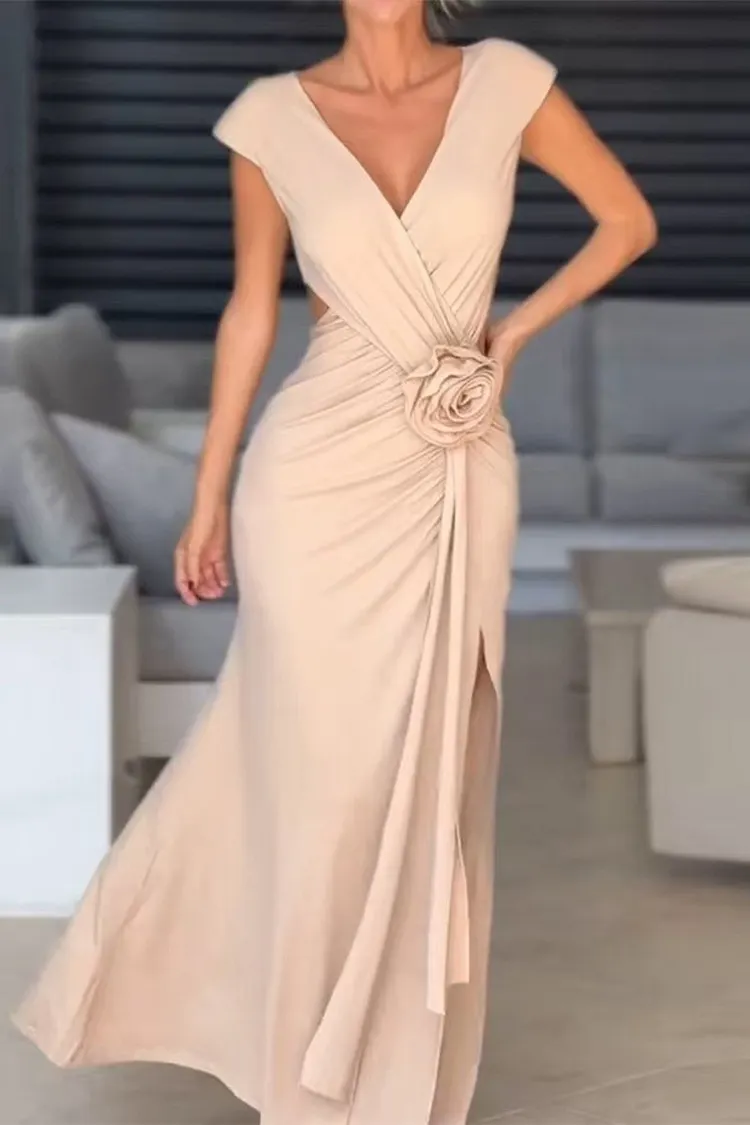 Sexy Slit Ruched Flower Shape V Neck Evening Dresses