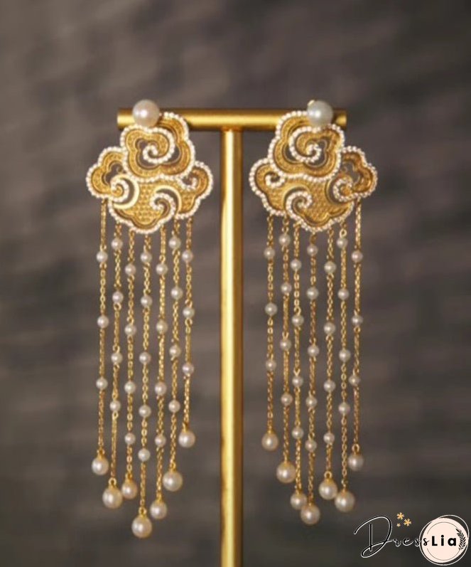 Vintage Gold Sterling Silver Overgild Pearl Auspicious Clouds Tassel Drop Earrings