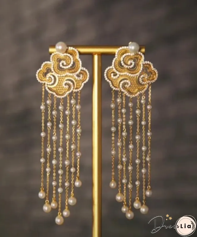 Vintage Gold Sterling Silver Overgild Pearl Auspicious Clouds Tassel Drop Earrings