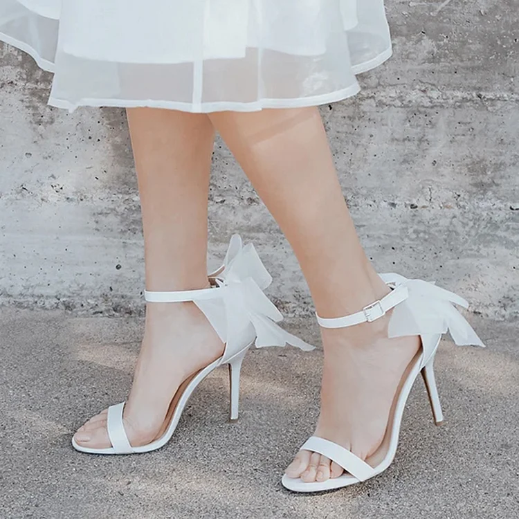 White Satin Bow Bridal Shoes Women's Stiletto Heel Wedding Sandals |FSJ Shoes
