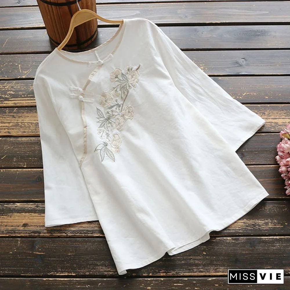 Women Spring Summer Retro Buckle Shirt Top Chinese National Style Embroidery Three Quarter Sleeve Floral Cheongsam Shirts