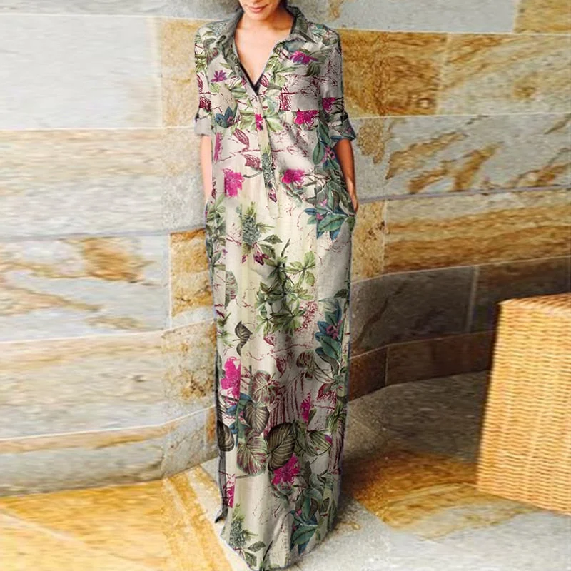 Demin Sundress 2022 Women Casual Turn Down Neck Long Sleeve Solid Dresses VONDA Loose Beach Sundress Bohemian Party Vestidos