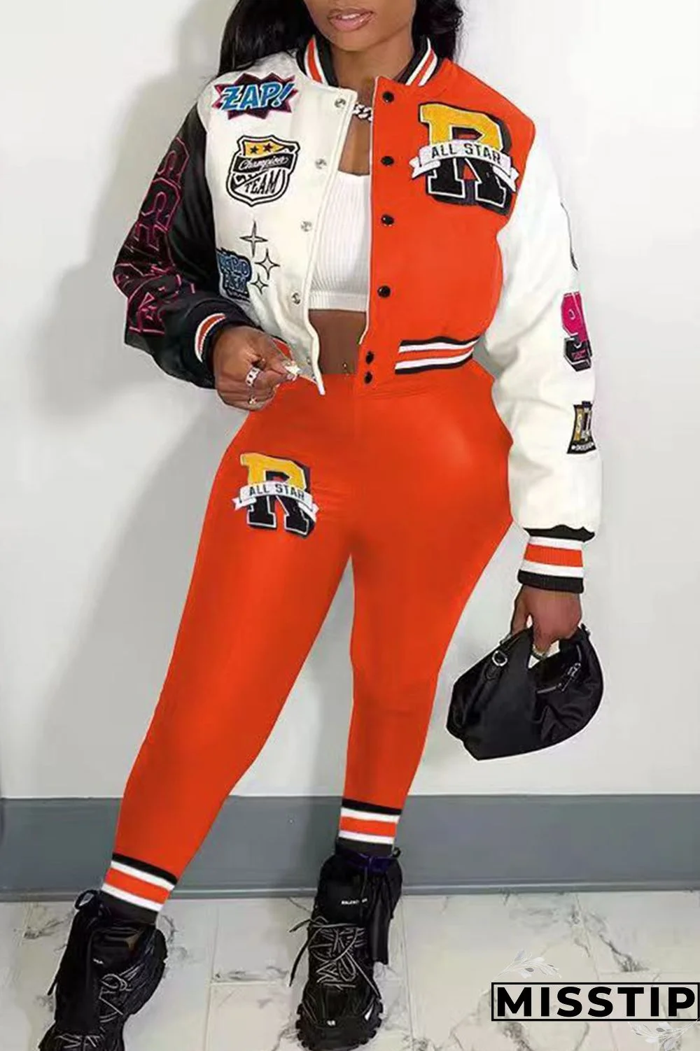 Green Casual Letter Print Patchwork Cardigan O Neck Long Sleeve Two Pieces