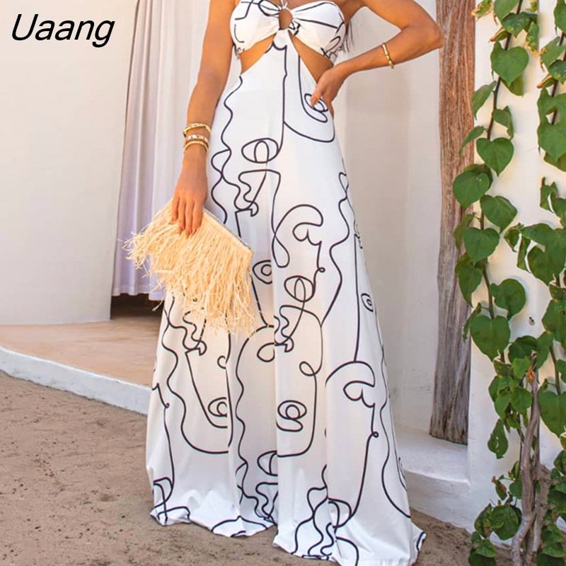 Uaang Women Maxi Dress Line Abstract Print Backless Halterneck Hollow Out Sleeveless Loose Elegant Party Beach Sexy Dresses