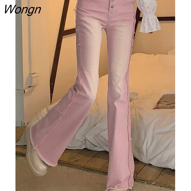 Wongn Jeans Bleached Washed Gradient Sweet Trendy Slim Y2k Streetwear Harajuku Kawaii Summer Джинсы Женские Chic Females Vintage