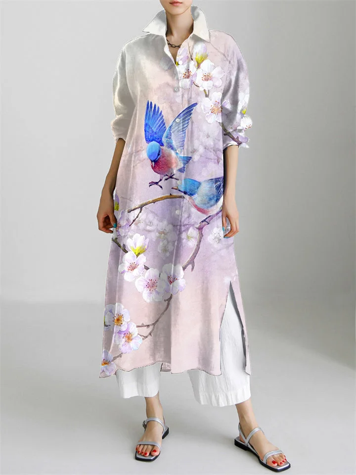 Floral Art Print Long Sleeve Slit Shirt Dress