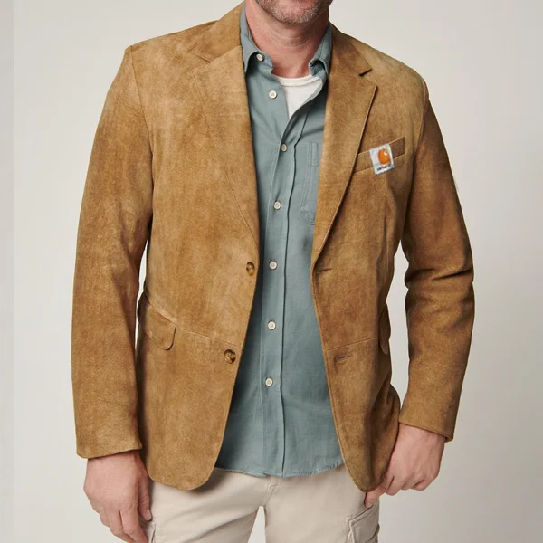 Men Carlisle Distressed Lambskin Leather Blazer Brown、、URBENIE