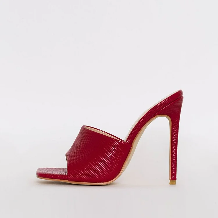 Red Snake Embossed Open-Toe Stiletto Heel Mules Shoes |FSJ Shoes