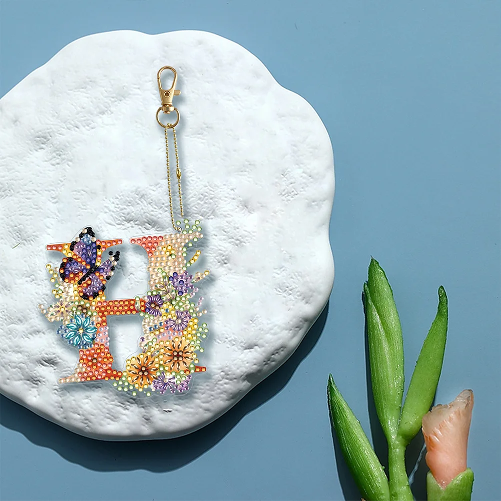 DIY H Diamond Art Key Rings Lettter Keychain Supplies Gift for Kids(Double Sided)