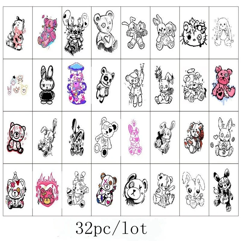 32pc/Set Dark Cartoon Bear Rabbit Tattoo Stickers Women Waterproof Black White Watercolor Art Fake Tattoo Arm Temporary Tattoo