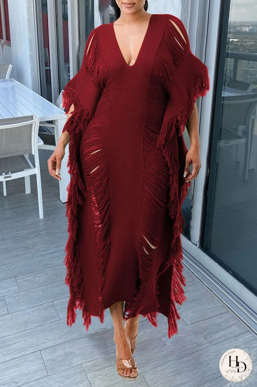 White Sexy Solid Tassel Hollowed Out Patchwork V Neck Beach Dress Dresses