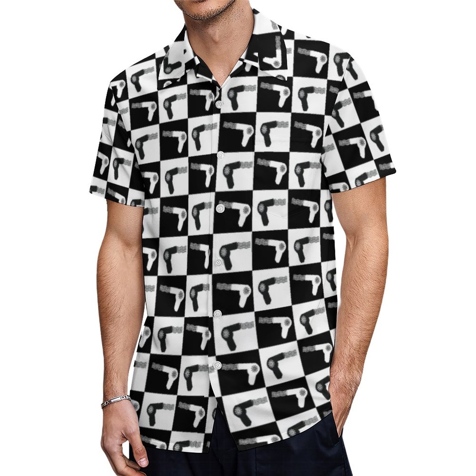 Professional Hair Stylist Pattern W Blow Dryer Hawaiian Shirt Mens Button Down Tropical Hawaii Beach Shirts