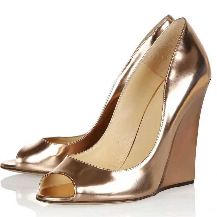 Champagne Metallic High Heels Peep Toe Wedge Pumps Evening Shoes |FSJ Shoes