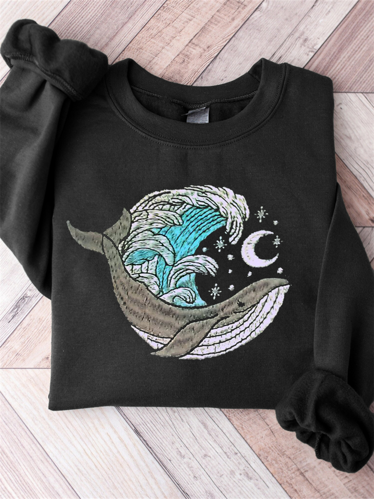 Whale & Moon Embroidery Art Comfy Sweatshirt  artssus