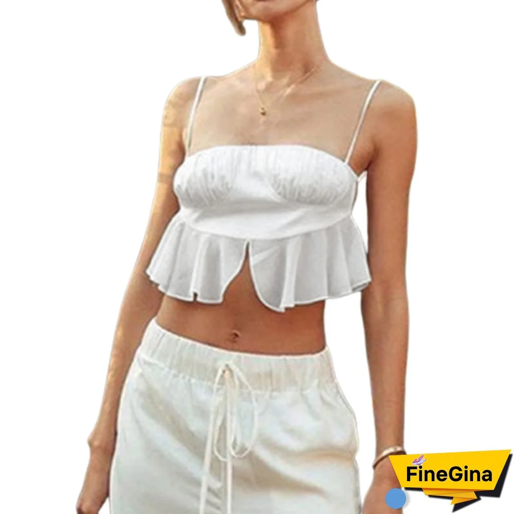 Ruffles Crop Tops Sweet Aesthetic Spaghetti Strap Camisole Solid Color Backless Cropped Tops Women Fairycore Clothes