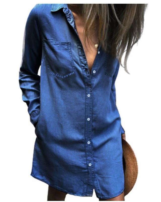 Women's Denim Shirt Dress Short Mini Dress - Long Sleeve Solid Color Summer Shirt Collar Hot Casual Vintage Blue S M L XL XXL - VSMEE