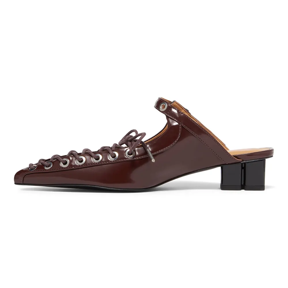 Women's Maroon Lace-Up Buckled Pointed Toe Casual Heeled Mules