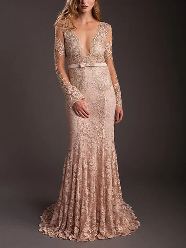 Deep V Lace Solid Color Long Sleeves Maxi Dress