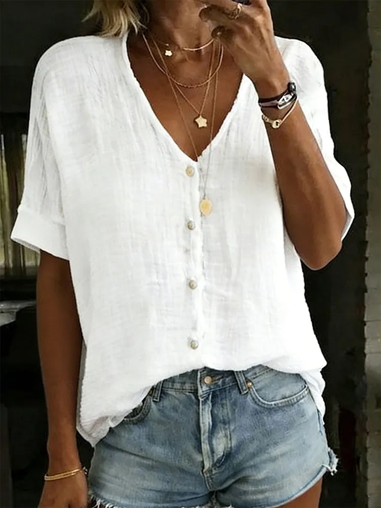 Women's Cotton Linen Loose Solid Color Short-sleeved Shirt