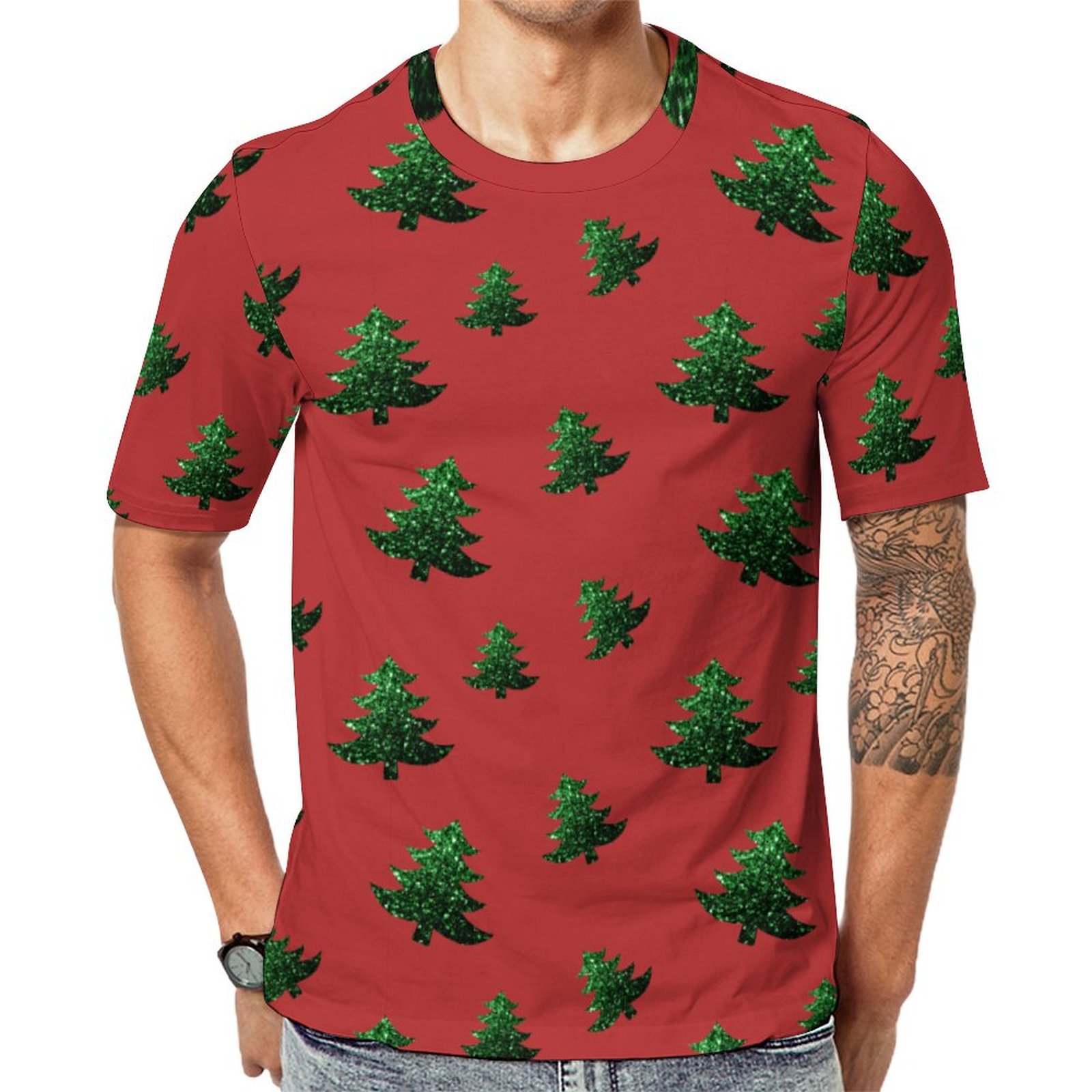 Sparkly Christmas Tree Green Sparkles Print Red Short Sleeve Print Unisex Tshirt Summer Casual Tees for Men and Women Coolcoshirts