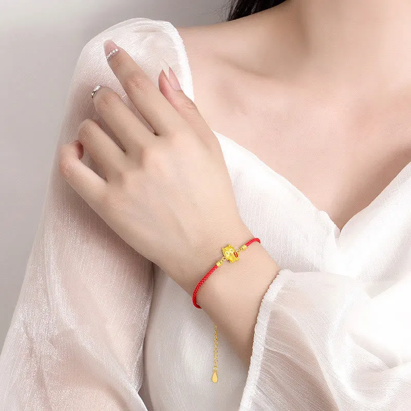 925 Sterling Silver Year Of The Dragon Lucky Golden Dragon Strength Red Rope Chain Bracelet