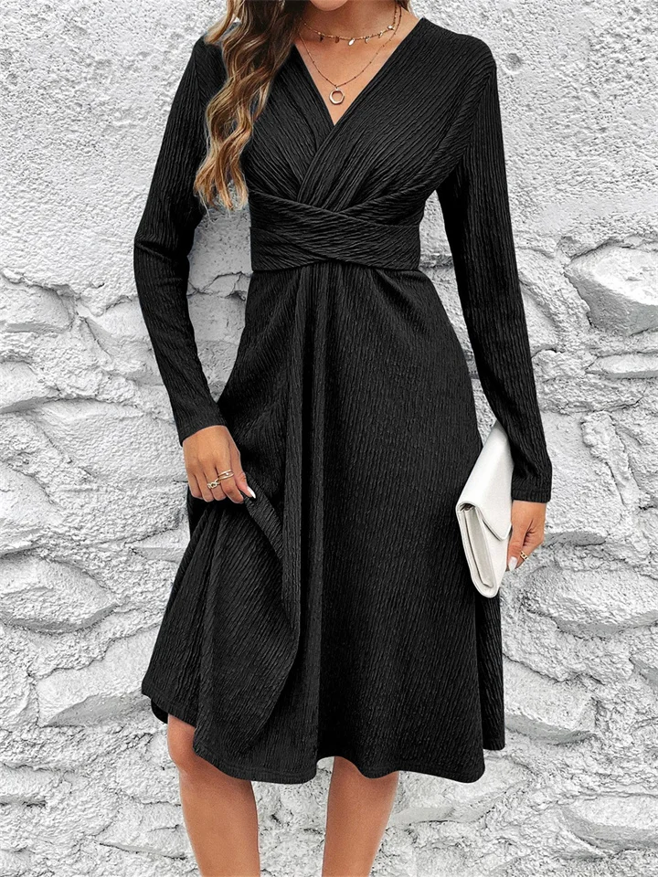 Retro High-waisted Skirt V-neck Women's Fall New Sexy Waist Thin Long-sleeved Commuter Casual Style Dresses-Cosfine