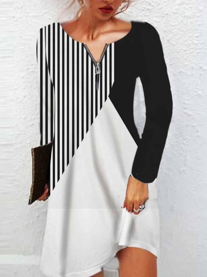 Casual Striped Asymmetrical Long Sleeve Loose Dresses