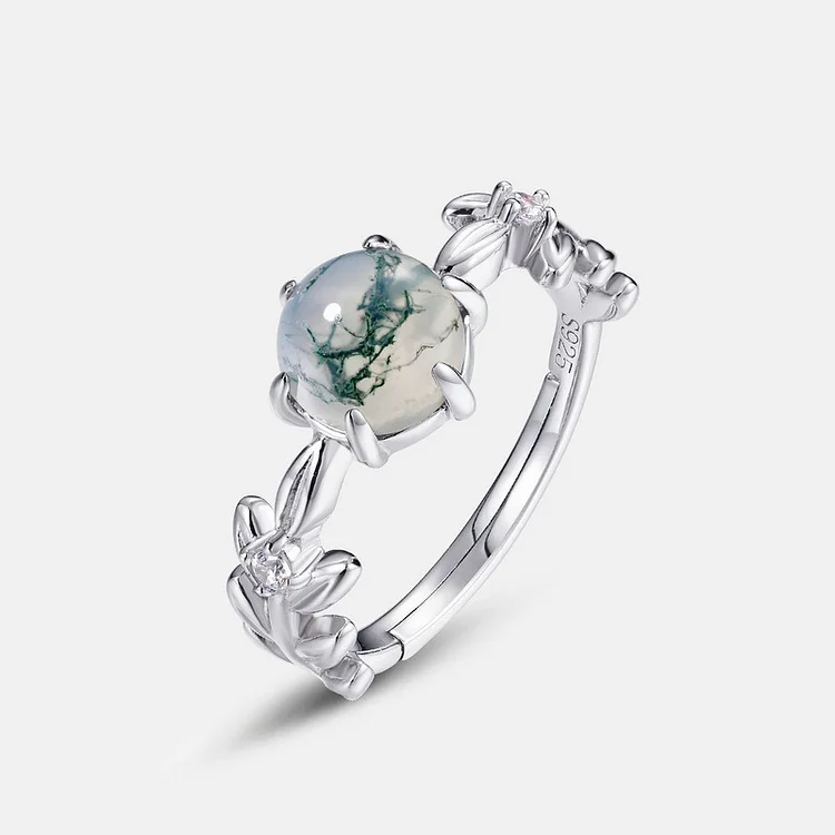 Natural Agate Ring Six Prongs Green Moss Engagement Ring